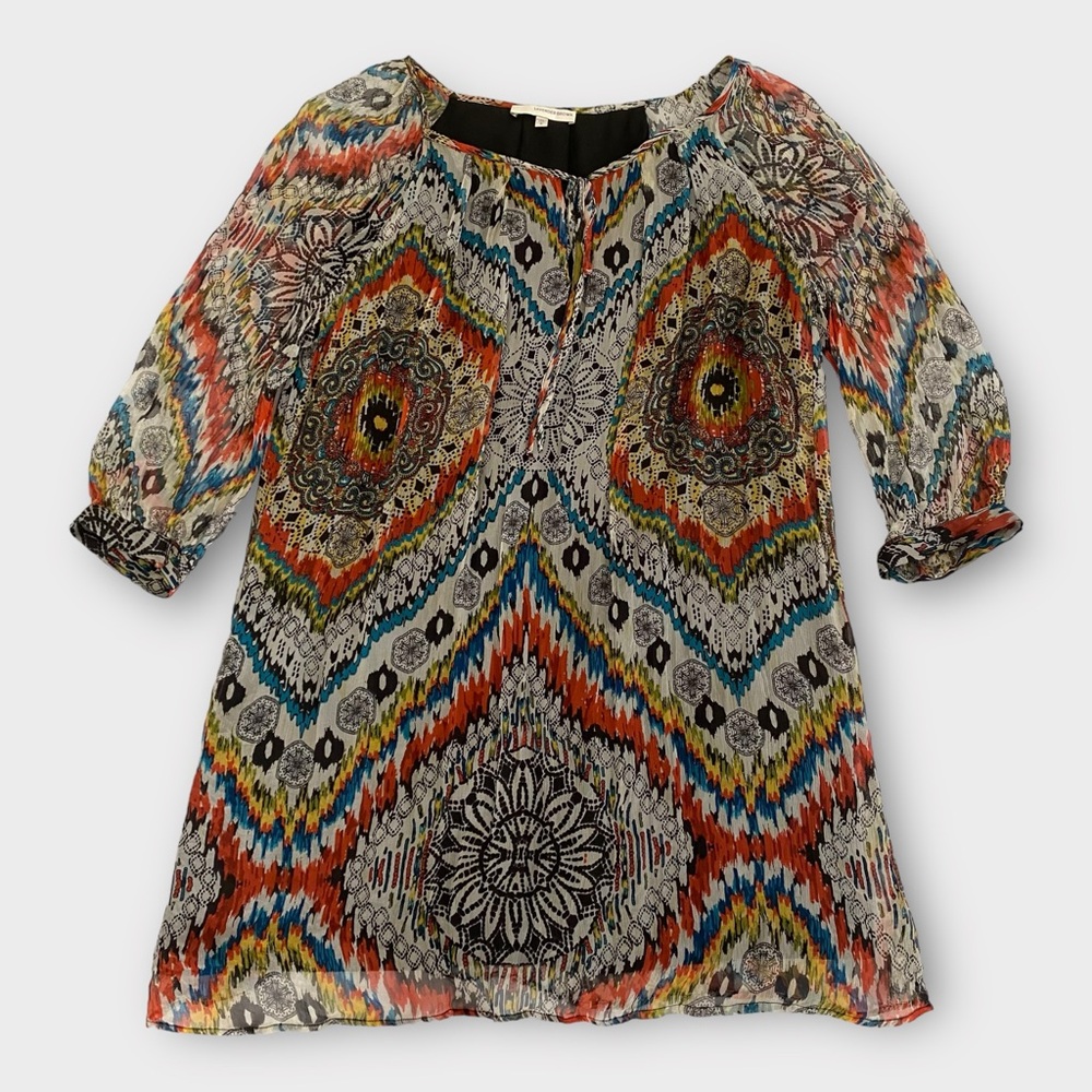 Lavender Brown Women’s Dress Small 100% Silk Aztec Tribal Colorful Quiet Luxury